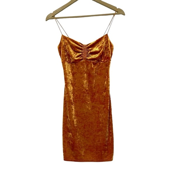 Urban Outfitters Golden Orange Crushed Velvet Mini Dress Small Whimsigoth Fairy - Picture 2 of 7